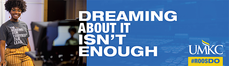 A 威尼斯人娱乐城 student stands smiling in front of a camera. Text overlay reads, "Dreaming about it isn't enough #RoosDo""