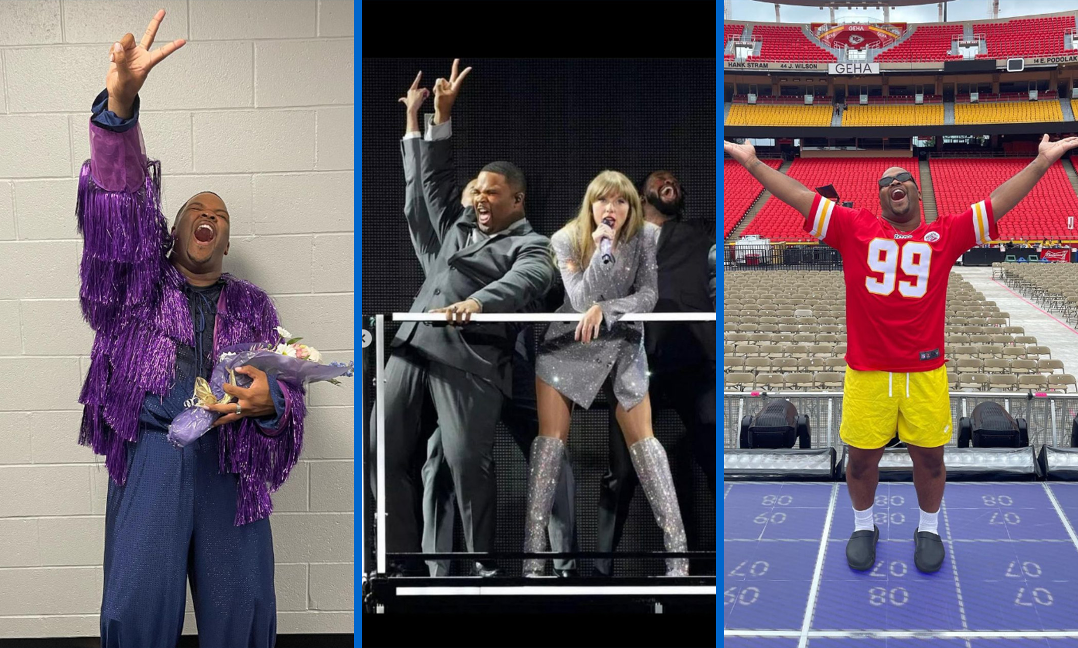 Three photos of Kam Saunders. One with Taylor Swift.