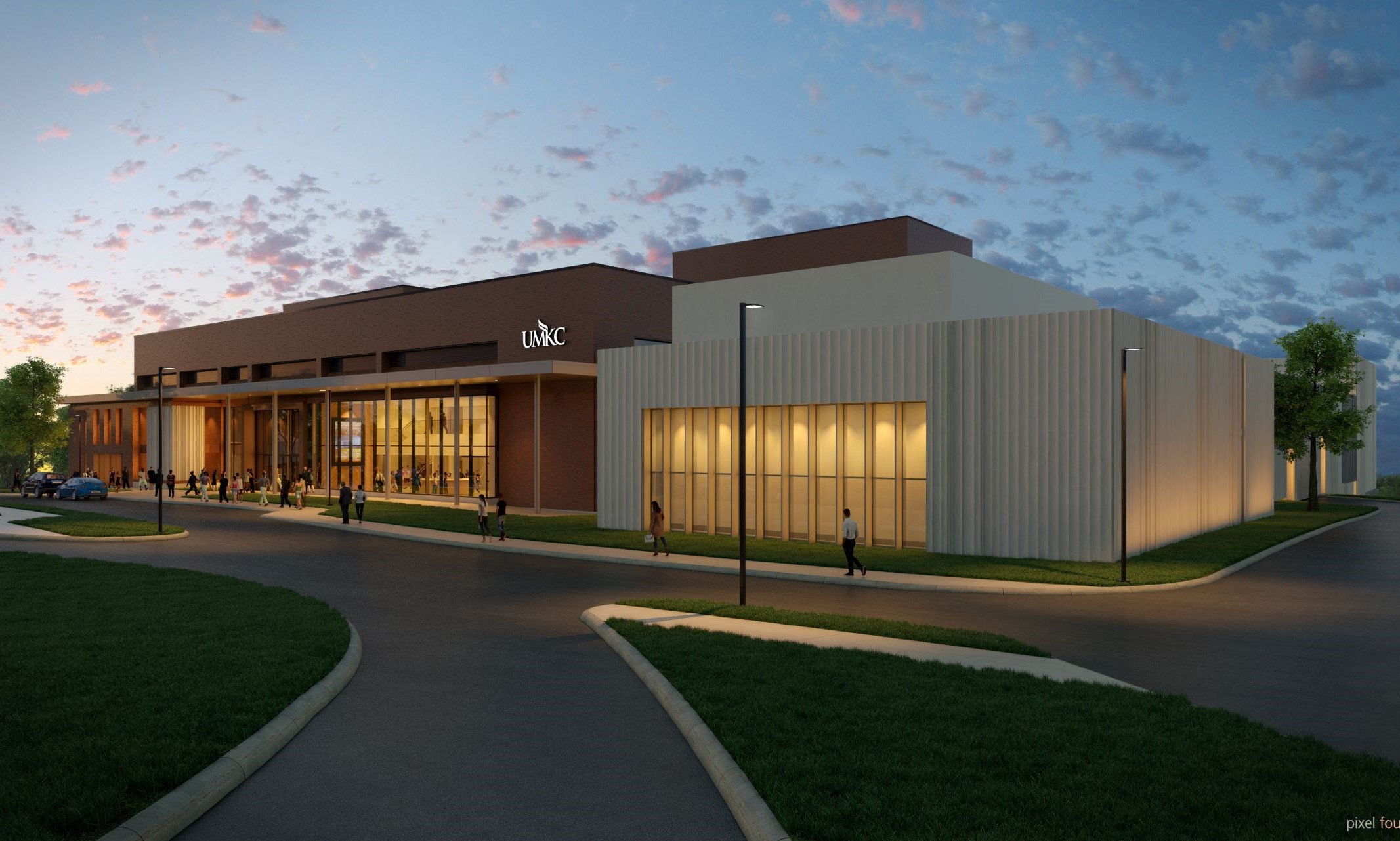 Rendering of future 音乐学院 space, a clean, modern white addition to Olson Performing Arts Center, a brick building