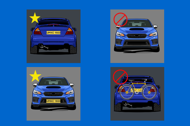 Two graphics with gold stars show the correct way to park using the new license-plate detecting system: pulled forward with the rear license plate showing or backed in with a front license plate showing. The graphic also shows two images with red crossed-out circles depicting the wrong way to park: backed in without a license plate showing or pulled in with a bicycle obstructing the rear license plate.