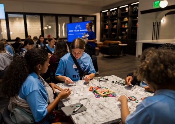 Roos women's soccer sits with girls from Awesome Ambitions during empowerment event with KC Current.
